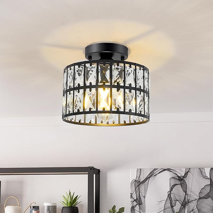 9 Inch Crystal Ceiling Light with Dimmable Options, Modern Flush Mount Chandelier for Low Ceiling, Crystal Light Fixture for Kitchen, Bedroom, Bathroom, Entryway, Hallway, Closet (Black)