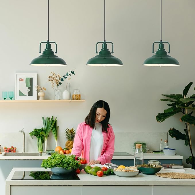 Farmhouse Pendant Light, 12.5inch, 3 Packs Green Kitchen Pendant Lights, Island Pendant Lights, Pendant Lights Kitchen Island, Pendant Light for Bedroom, Office, Kichen Sink, Library
