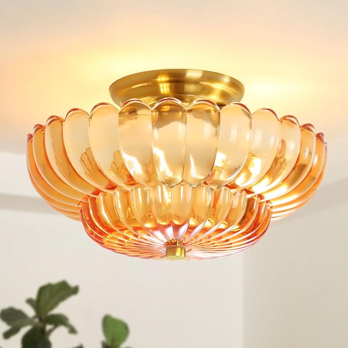 Semi Flush Mount Ceiling Light Fixture Vinatge Gold Ceiling Lights Mid Century Modern Orange Glass Close to Ceiling Lighting Fixtures for Bedroom Hallway Foyer Bathroom Kitchen Laundry Room Nursery