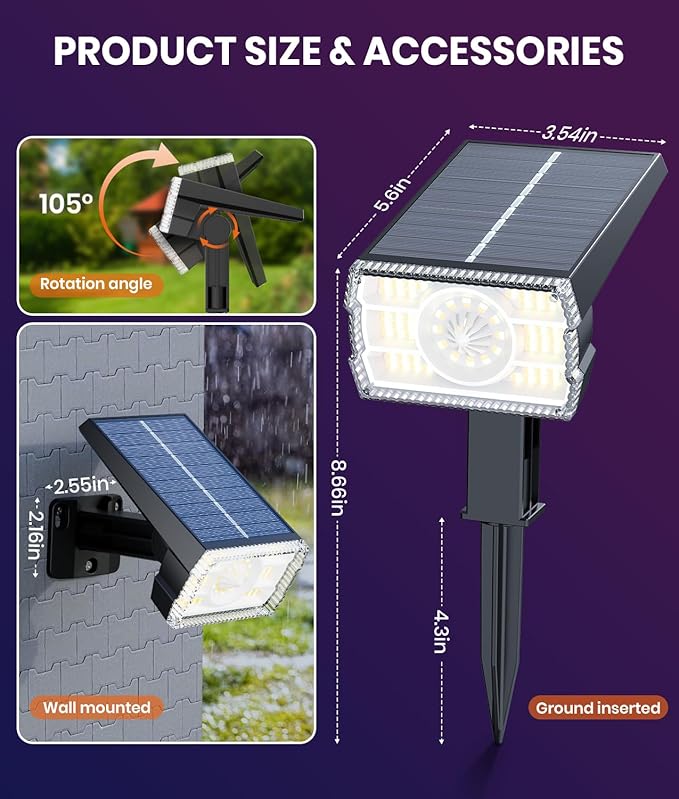 2 Pack - Solar Christmas Lights Outdoor Waterproof,6 Color Changing Spotlights &10 Modes, IP67 Waterproof,105° Adjustable Solar Spot Lights for Pathway/Garden/Yard/Patio/Landscape/Backyard Xmas Decor