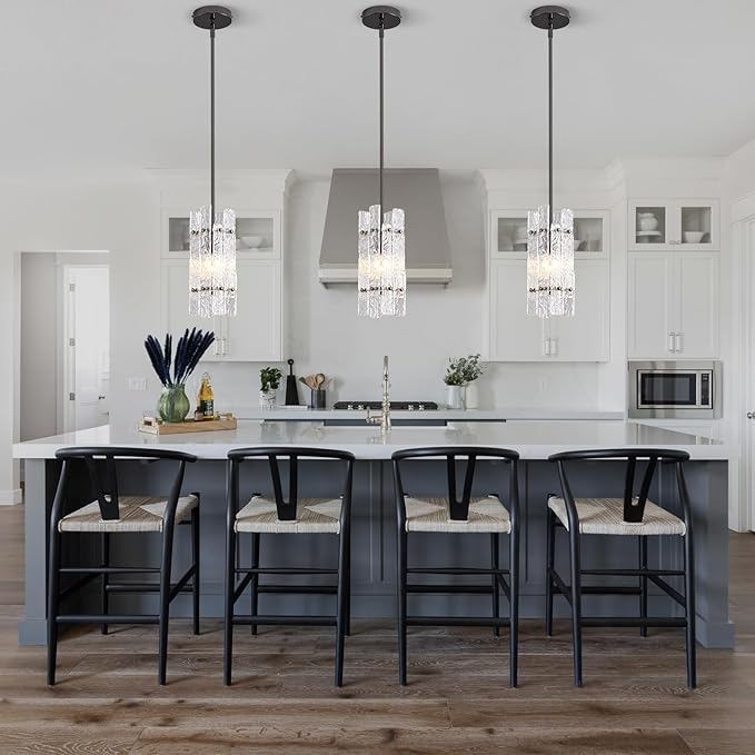 Modern Crystal Pendant Light for Kitchen Island, Pearl Black Luxury Mini Water Ripple Glass Chandelier Lights Fixture, Square Adjustable Hanging Pendant Lighting for Dining Room Bedroom (3-Pack)