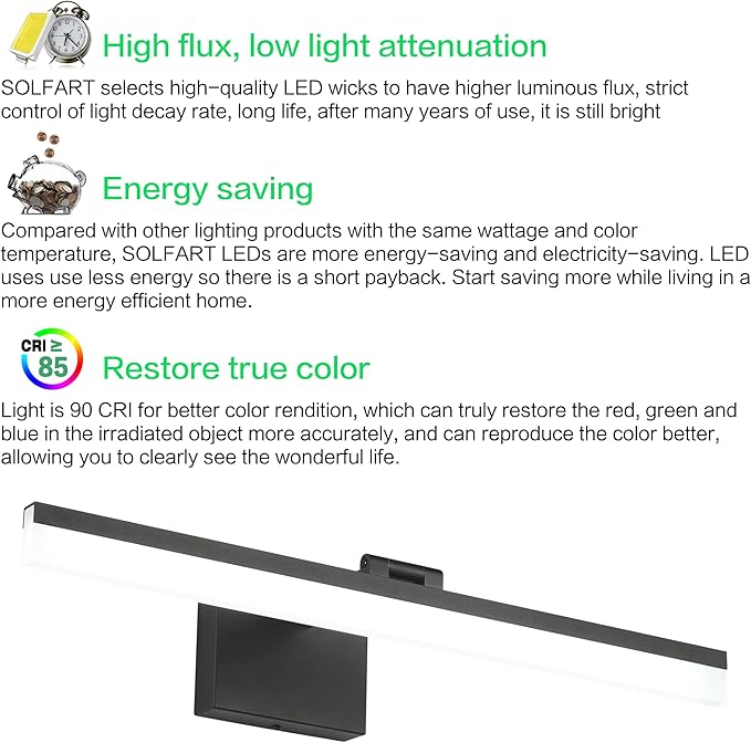 SOLFART Dimmable Black Vanity Light Bar Lighting Fixtures Modern Bathroom Light Fixtures 6000K Rotatable White Aluminum LED Light