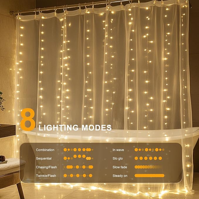 Fairy Lights for Shower Curtains, Waterproof String Lights for 72 x 72 Inches Shower Curtains Battery Operated Warm White Curtain Lights for Bathroom, 180 LEDs Indoor Outdoor Decor (NO CURTAIN)