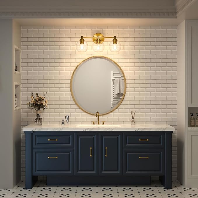 VONLUCE Bathroom Light Fixtures, 3-Light Bathroom Vanity Light with Globe Glass Shades E26 Sockets, Vanity Lights Over Mirror for Bedroom Hallway Living Room, Gold Finish