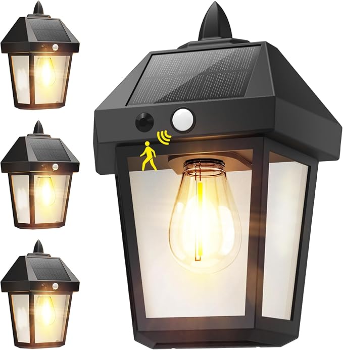DERAYSION 4 Pack Solar Wall Lanterns,9 Inch Solar Porch Light with Motion Sensor, 3 Mode Adjustable Brightness Waterproof Outdoor Wall Lights for Porch Door Patio Fence Garage