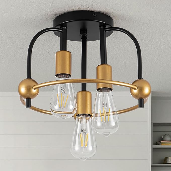 3 Light Industrial Ceiling Light Black Gold Semi Flush Mount Lights Close to Ceiling Light Fixtures,cage design Farmhouse Ceiling Lighting for Kitchen Bedroom Bathroom Foyer Hallway (E26, 1Pack)