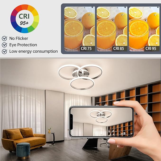 Led Ceiling Light Fixtures, Dimmable Modern Led Ceiling Light with Remote Control, 3000K-6500K Flush Mount Ceiling Light for Bedroom Living Room Dining Room Kitchen (Chrome)