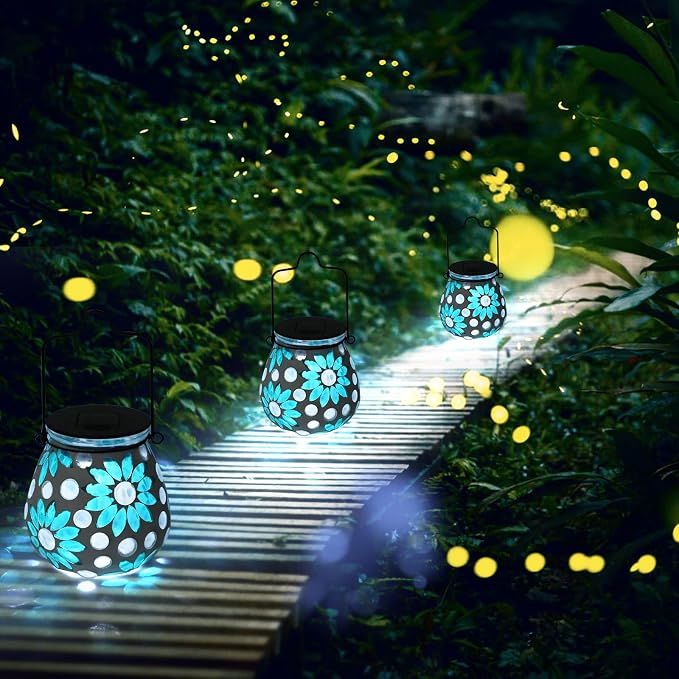 Bshine Mosaic Solar Lantern Outdoor Hanging Waterproof, Flower Mosaic Light Indoor Decorative Table, Garden Decor for Yard Outside, Path, Courtyard, Lawn, Birthday Gift for Mom Women Gardening