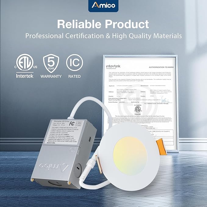 Amico 6 Pack 3 Inch 5CCT Ultra-Thin LED Recessed Ceiling Light with Junction Box, 2700K/3000K/3500K/4000K/5000K Selectable, 7W Eqv 60W 500LM Brightness Dimmable Canless Wafer Downlight, ETL