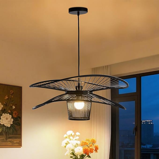 Handmade Bamboo Pendant Light, 3-Tier Boho Woven Chandelier, Modern Ceiling Lamp for Dining Room, Kitchen, Farmhouse Bedroom, E26 Base