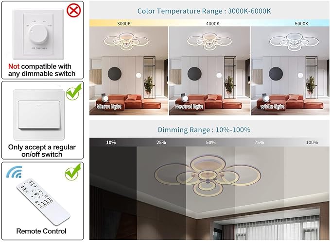 Ganeed Modern LED Flush Mount Lighting Fixture,Dimmable 8-Head Close to Ceiling Light Acrylic Chandeliers for Bedroom Living Room Dining Room Kitchen Office(100W/3000-6500K)