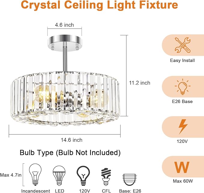 FRIDEKO HOME Crystal Chandelier Ceiling Light - 4-Light Ceiling Light Fixture Modern Ceiling Mount Lights Chandelier for Dinning Room Bedroom Kitchen Entryway (14.56 Inch, Bulb not Included)