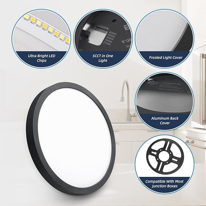 ECOELER Black 12inch LED Flush Mount Ceiling Light, 2700K-6000K 5CCT Adjustable, 28W 2400Lm, Super Slim Dimmable Ceiling Light Fixtures for Kitchen, Hallway, Laundry, ETL Listed, 2 Pack