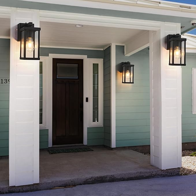 Porch Lights with GFCI Outlets Dusk to Dawn Outdoor Wall Lights Waterproof Exterior Lighting Fixtures Modern Outside Lights Wall Mount for House Patio Garage,Black,11.8''H, 2 PC
