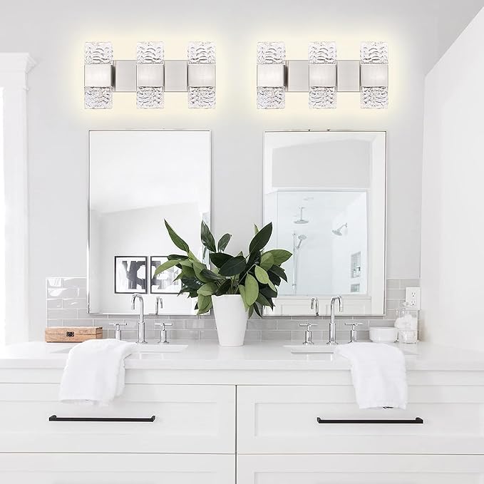 MELUCEE 3-Light Brushed Nickel Vanity Light Bar LED Bathroom Lighting Fixtures Over Mirror Dimmable Modern Wall Light with Crystal Column for Bath Restroom Powder Room, 3000K Warm Lighting