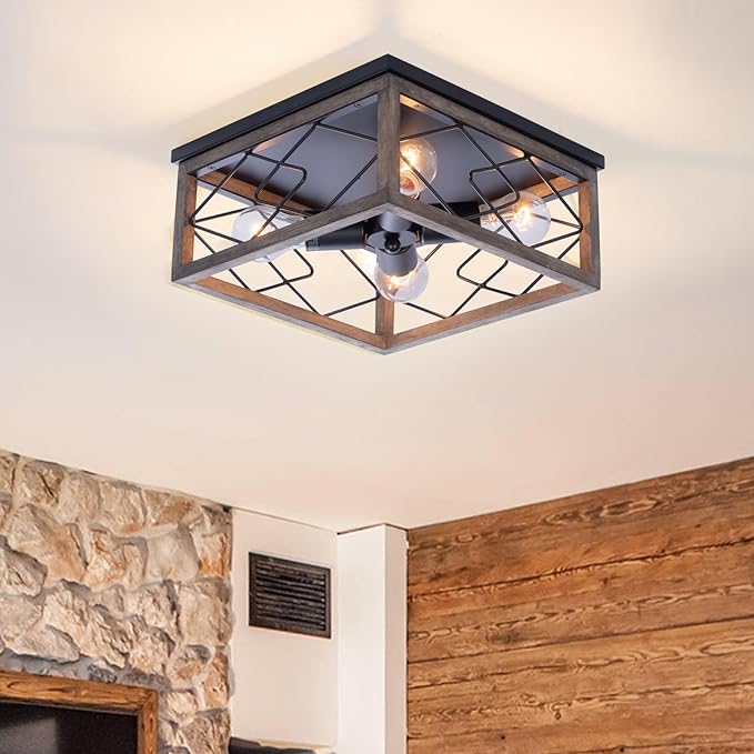 VILUXY Farmhouse Wood Flush Mount Ceiling Light 4 Lights Square Close to Ceiling Lamp Rustic for Entryway Kitchen Hallway Dining Room Bedroom