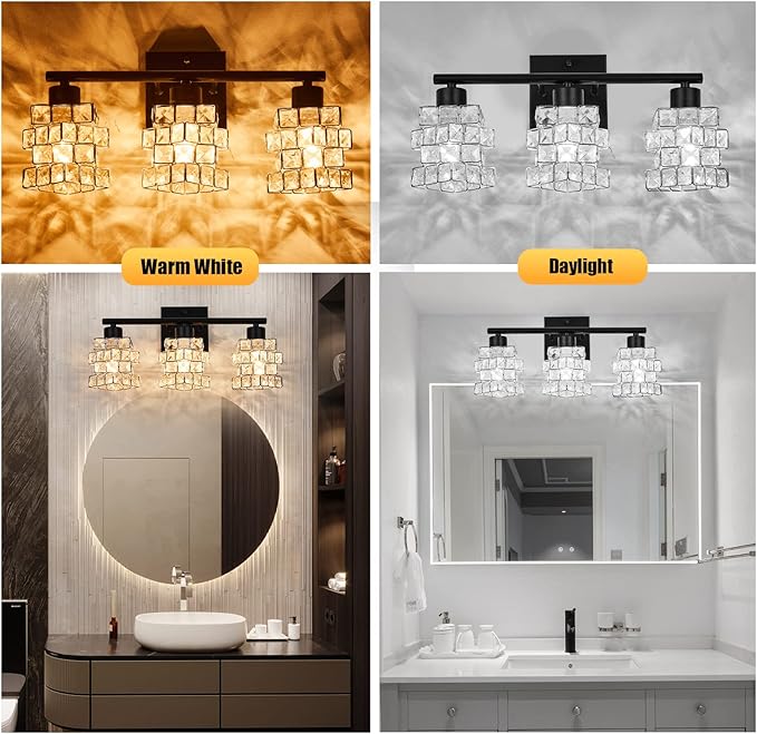 3 Lights Bathroom Vanity Light, Crystal Bathroom Light Fixture Over Mirror, Matte Black & Crystal Rotateable Indoor Wall Lights | Chrome Glass Modern Lampshade for Sink, Mirror & Foyer Corridor