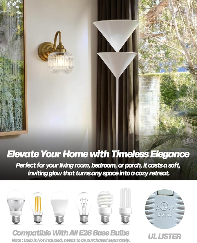 Vintage Industrial Wall Sconce Lighting with Clear Striped Glass Shade, Hardwired Wall Vanity Light Fixture for Bathroom Kitchen Living Room Bedroom Hallway