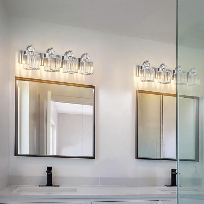 Modern Bathroom Vanity Light, 4-Light Nickel Bathroom Lighting Fixtures Over Mirror, 28.4" Crystal Wall Light Sconce for Bathroom/Bedroom/Vanity, Includes LED Bulbs, Easy Installation