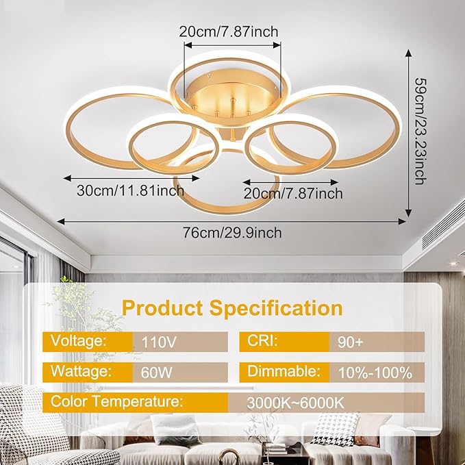 Modern Ceiling Lights, 6 Rings Dimmable Gold LED Ceiling Light Fixtures with Remote Control, 60W Close to Ceilings Lighting for Living Room, Bedroom, Dining Room