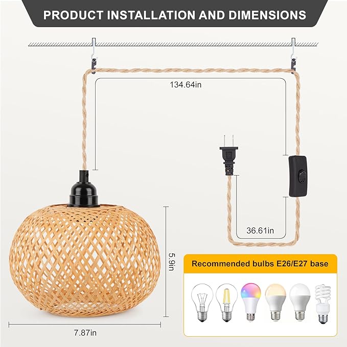 Pendant Light Hanging Lights 15ft Plug in Pendant Light - Hanging Light with On Off Switch Plug in Cord Pendant Light Fixture E26 E27 Light SocketCord for Bedroom Living Room ( 6-Single Layer Shade)