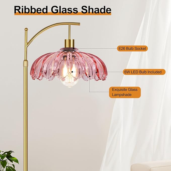 QIYIZM Pink Floor Lamp for Living Room,Bedroom,Gold Dimmable Standing Lamp with Remote,Mid Century Modern Brass Tall Lamp Boho Floor Lamps Arc Stained Glass Flower Floor Light Lamp Girls kids Bohemian
