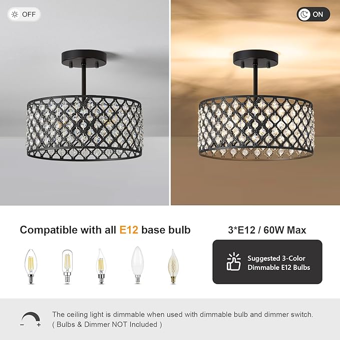 Black Crystal Ceiling Light Fixture,Modern Semi Flush Mount Ceiling Lighting Fixture,Round Small Chandelier for Dining Room, Hallway, Entryway, Kitchen, Bedroom,Foyer,3 Light,12 inch