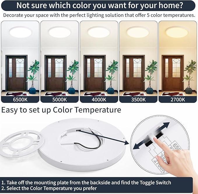 9 Inch Flush Mount Ceiling Light, 5 Color Adjustable Slim 18W 1800LM 2700K-6500K Wired LED Fixture, Modern Low Profile LED Ceiling Lamp for Hallways, Kitchen, Bedroom, Closets, Bathroom, Round, White