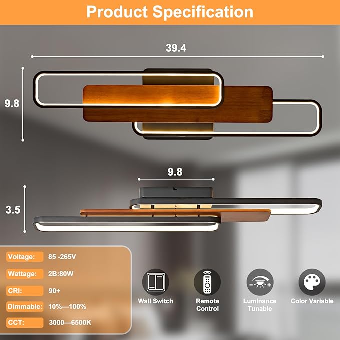 39.4" Modern LED Flush Mount Ceiling Light Dimmable Wood Ceiling Lights Chandeliers, 80W Long Close to Ceiling Lamp 3000K–6500K Linear Lighting Fixtures for Living Room Bedroom Kitchen