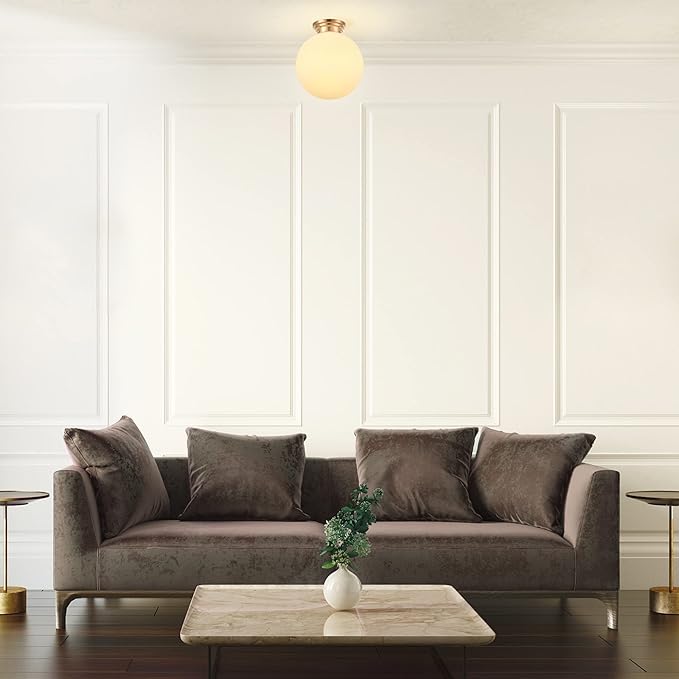 Globe Electric 65694 Portland 1-Light Semi-Flush Mount Ceiling Lighting, Matte Brass, Opal Glass Shade, Bulb Not Included