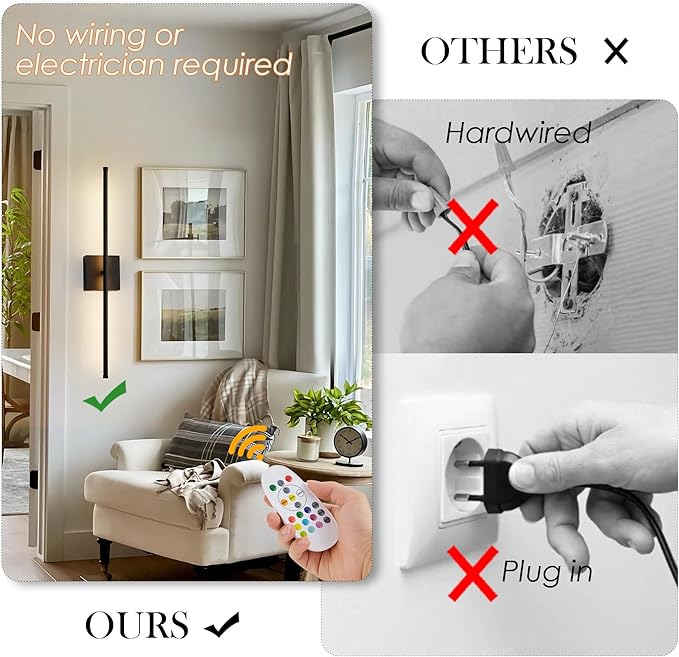 KARTOOSH 24.4 Inch 9 RGB Color Battery Operated Wireless Wall Sconces Set of Two, with Remote, Dimmable, Warm/Natural White/Daylight, Rotatable, LED Wall Light for Living Room, Bedroom, Black