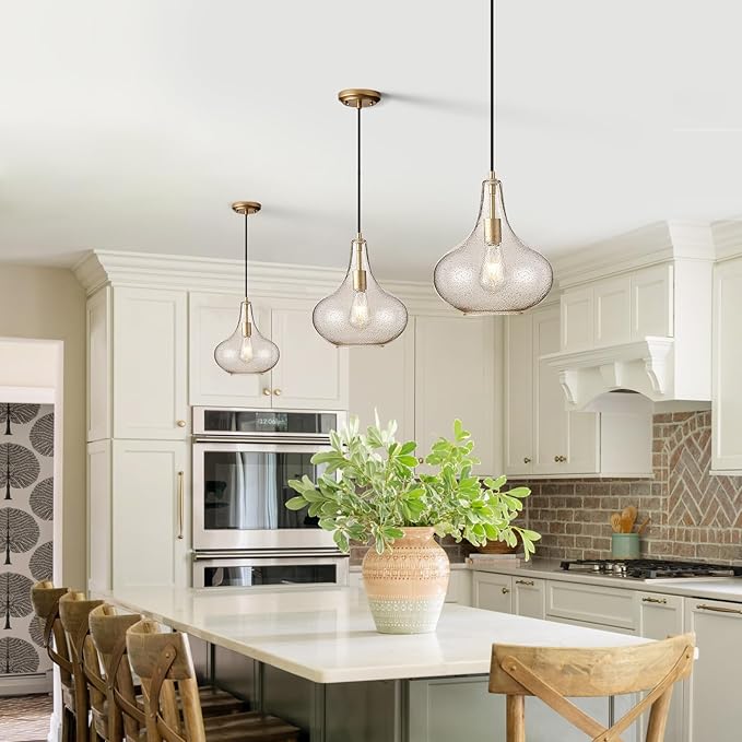 CATINER Handcrafted 11-Inch Mid-Century Modern Brass Gold Pendant Light with Seeded Glass Shade - Elegant Dining Room Pendant Light