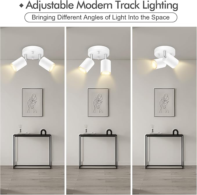 2 Light Track Lighting Fixtures Ceiling, Matte White Round Directional Ceiling Spotlight, GU10 Flush Mount Track Fixture, Flexibly Rotatable Light Head for Kitchen/Living Room, Bulb Not Included
