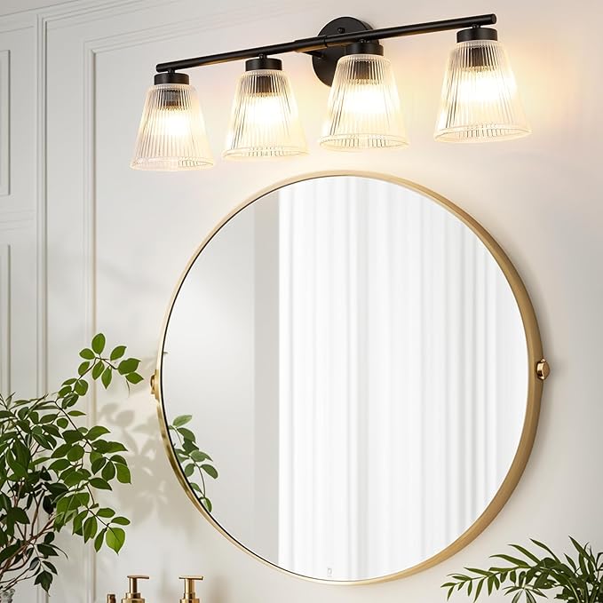 OCIOC Bathroom Vanity Light, 4-Light Modern Matte Black Wall Sconce with Glass Shade, Black Wall Light fixture, Bath Vintage Wall Mounted Lamps for Mirror Bedroom,Living Room