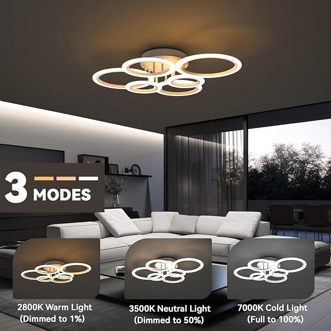 Modern LED Ceiling Light, White 6 Rings Flush Mount Ceiling Light Fixture, with Smart App & Control, 2800-7000K Lighting Fixture Ceiling Lamp for Kitchen, Bedroom, Living Room, Laundry Room