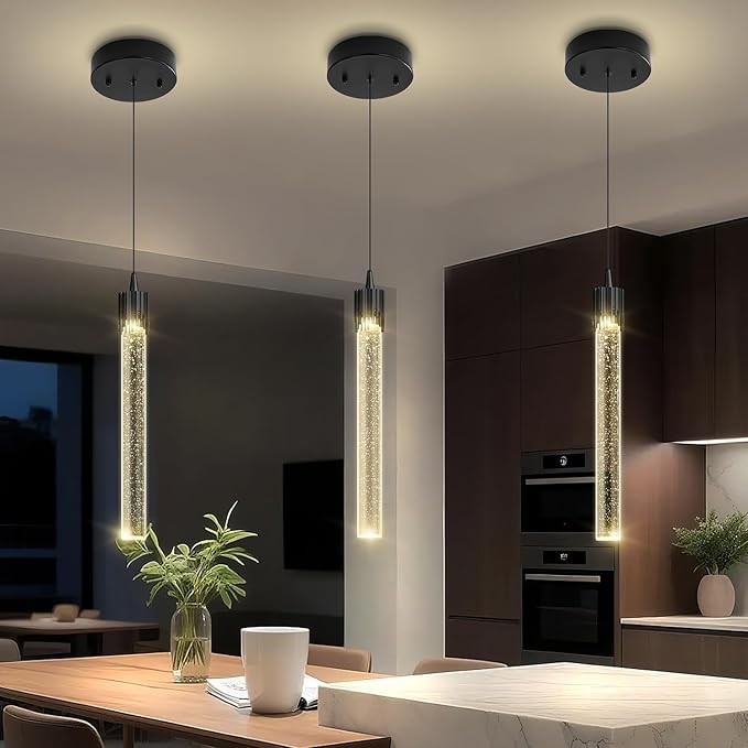 ykolupty Modern Pendant Lights Kitchen Island Black Crystal Mini Pendant Light with Dimmable LED 2700K-6000K,Bubble Crystal Chandelier Dining Room and Bar - 1 Pack