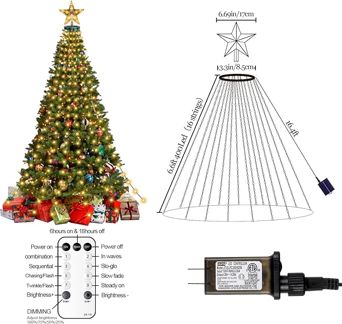 Christmas Tree Lights with Star Topper, 400LED Christmas String Lights with Ring for Tree, 6.6FT x 16 Lines Fairy Lights with 8 Modes Timer Remote for Indoor Outdoor Xmas Tree Decor, Warm White