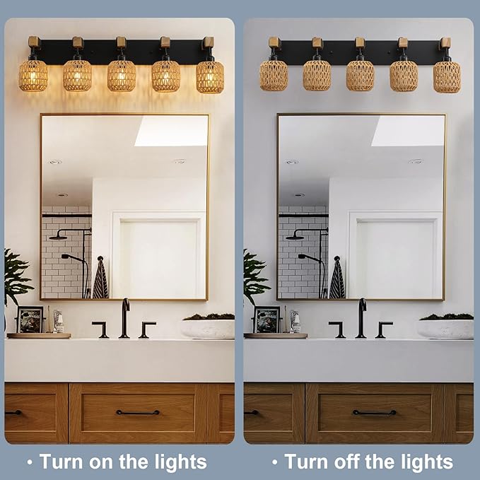LmnLvn 36" Boho Bathroom Light Fixture, 5-Light Farmhouse Vanity Light, Rattan Bathroom Light Fixture Over Mirror Rustic Vanity Lighting with Handwoven Shades, Suit for Restroom, Bedroom, Hallway