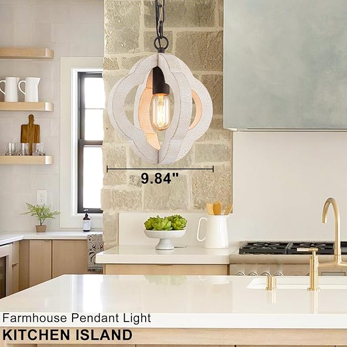9.84" Modern Farmhouse Wood Pendant Lights Kitchen Island Small Orb Distressed White Oak Pendant Light Rustic Ceiling Hanging Light for Kitchen Over Sink Hallway Entryway Foyer Adjustable Chain E26