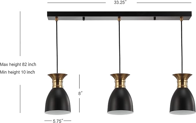 JONATHAN Y 33.25" Black/Brass Gold Modern Metal LED Pendant Light Fixture, Adjustable Hanging Ceiling Lamp for Kitchen Island Bedside, Metal Black Shade, LED Bulb Included (JYL6138A)