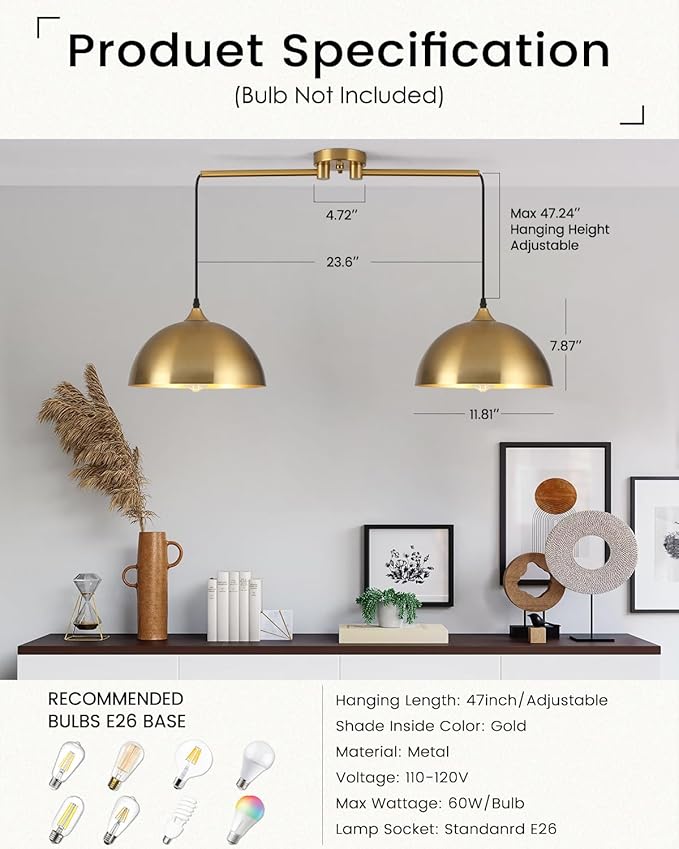 Gold Pendant Lights Kitchen Island 2-Light, Gold Dome Pendant Light, Modern Dining Room Light Fixture, Island Pendant Lights for Kitchen, Dining Room, Bar, Cafe