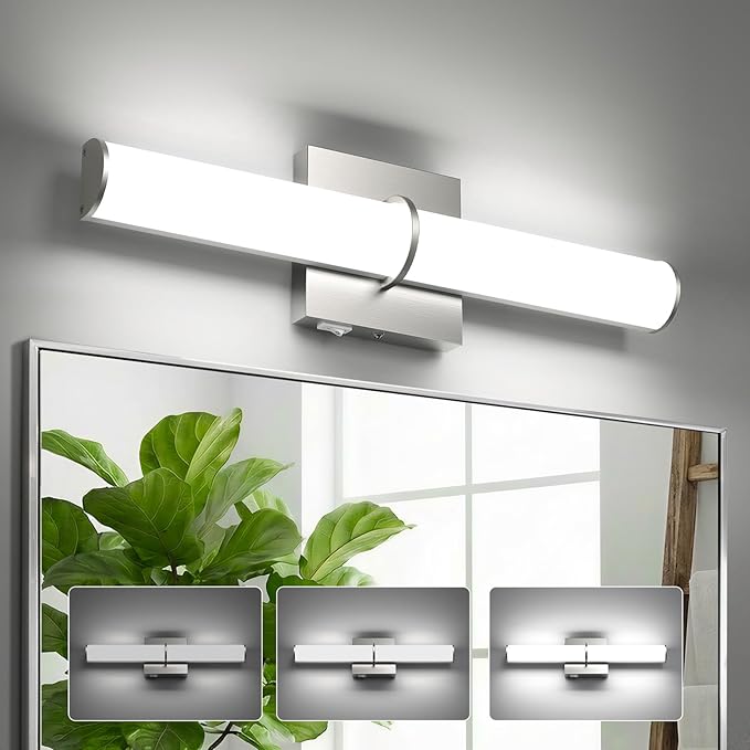 OOWOLF 17.3Inch Modern Vanity Light Fixture with Switch, 12W 5000K Led Bathroom Light Fixture Over Mirror, Hardwired, Brushed Nickel 1200LM Vanity Light Bar for Mirror Bedroom Hallway Living Room