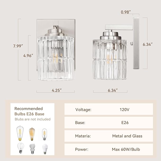 TALOYA 4 Inch Bathroom Light Fixtures,Modern,Set of 2 Light Brushed Nickel Vanity Lights with Wide Vertical Ribbed Thickened Glass Shade for Mirror Makeup Room Hallway（Bulbs Not Included）