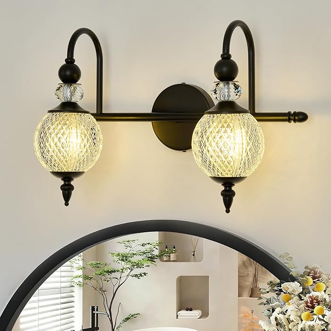 Vintage Vanity Light 2 Lights Black Bathroom Light Fixtures Over Mirror with Acrylic Globe Shade