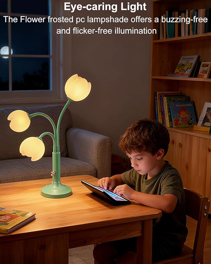 3-Light Tulip Table Lamp with LED Bulbs Included, Dimmable Cute Flower Desk Lamp, Aesthetic Green Floral Nightstand Lamp, Adjustable Gooseneck Bedside Lamp for Bedroom, Living Room, Girls Room Decor
