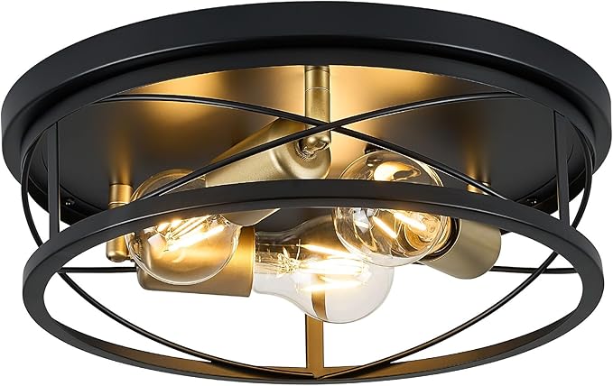 Farmhouse Light Fixtures, Black and Gold Round Metal Flush Mount Ceiling Light, 3-Light Cage Ceiling Lamp for Kitchen, Foyer, Bedroom, Hallway（Bulbs Not Included）