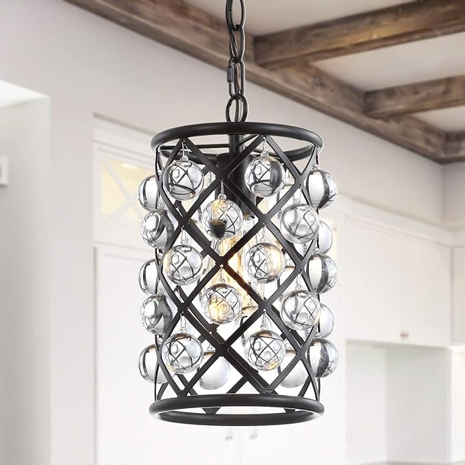 JONATHAN Y 8" Oil Rubbed Bronze 1-Light Iron and Crystal Drum Pendant Light, Modern Glam Ceiling Fixture for Kitchen Island, Adjustable Height, ETL Listed, LED Bulb Included JYL9506A