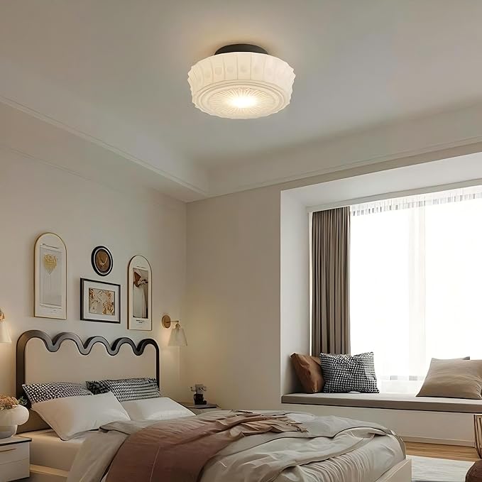 LIGHTLAND Milk Glass Ceiling Light, 13.8 Inch Mid Century Semi Flush Mount Ceiling Light Fixture, Vintage Chandelier for Bedroom, Living Room, Dining Room, Hallway (Style B, White)