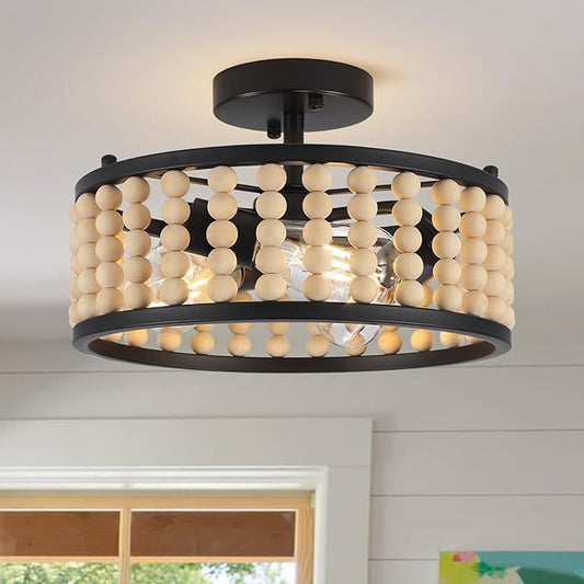 Luupyia Wood Bead Ceiling Light 3Lights, 12.79Inches Vintage Boho Ceiling Light Fixture Small Chandeliers Semi Flush Mount Mid Century Retro Overhead Lighting for Bedroom Foyer Hallway, E26