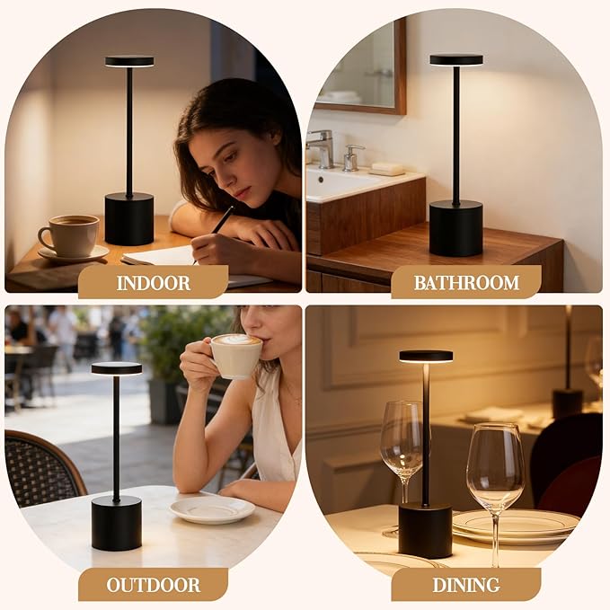 AUDLES Cordless Table Lamp, 5000mAh Rechargeable Lamp with Touch Control & Stepless Dimming, 3 Light Modes, IP54 Waterproof Portable Light for Dining Table, Patio, Bathroom, Power Outage (Black)